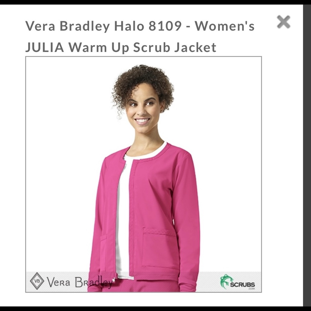 Bright pink scrub jacket.